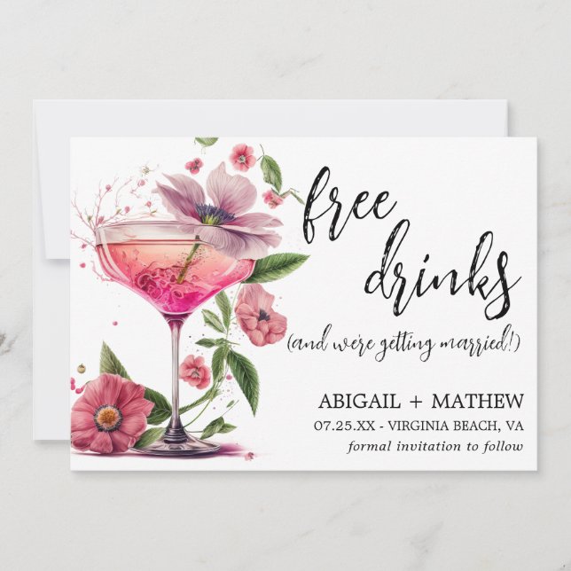 Save The Date Mariage Photo Tendance Cocktail Floral Rose Drôle (Devant)