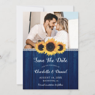 Save The Date Mariage photo tournesol dentelle bois bleu marine