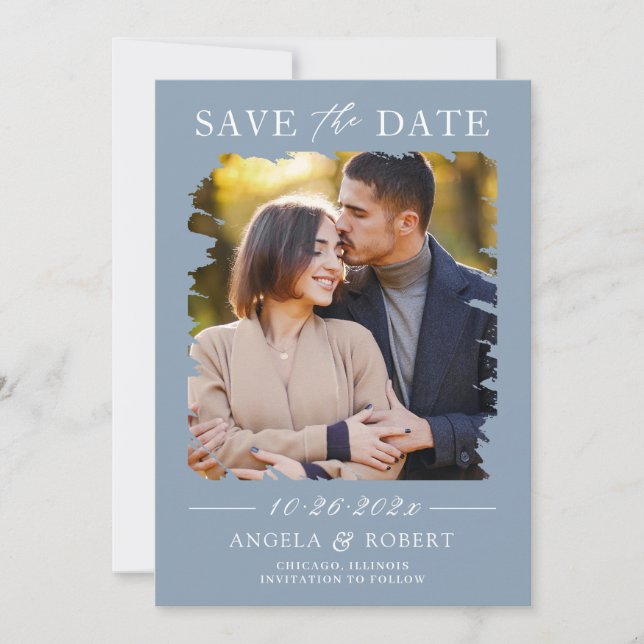Save The Date Mariage photo Trendy Dusty Blue Brush Stroke (Devant)