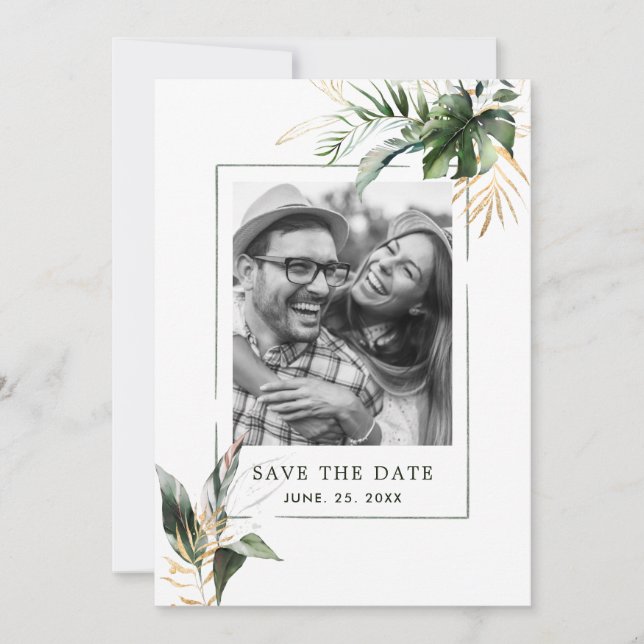 Save The Date Mariage photo Tropical Foliage Vert & Or (Devant)