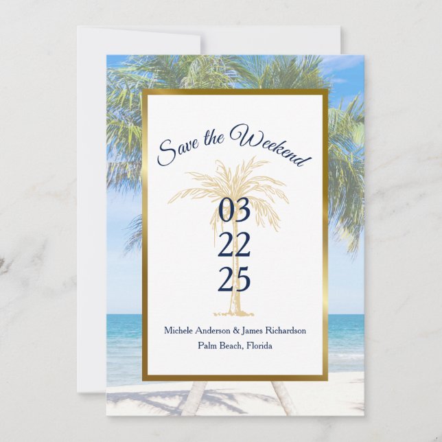 Save The Date Mariage photo Tropical Gold Palm Tree Beach (Devant)