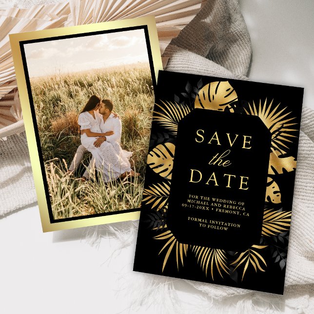 Save The Date Mariage photo tropical noir et or (Créateur téléchargé)