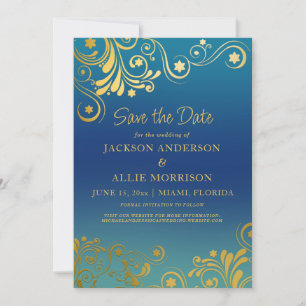 Save The Date Mariage photo turquoise Blue Ombre' Gold Floury