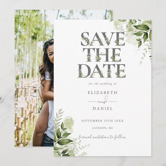 Save The Date Mariage Photo Typographie Florale Verdure (Devant / Derrière)