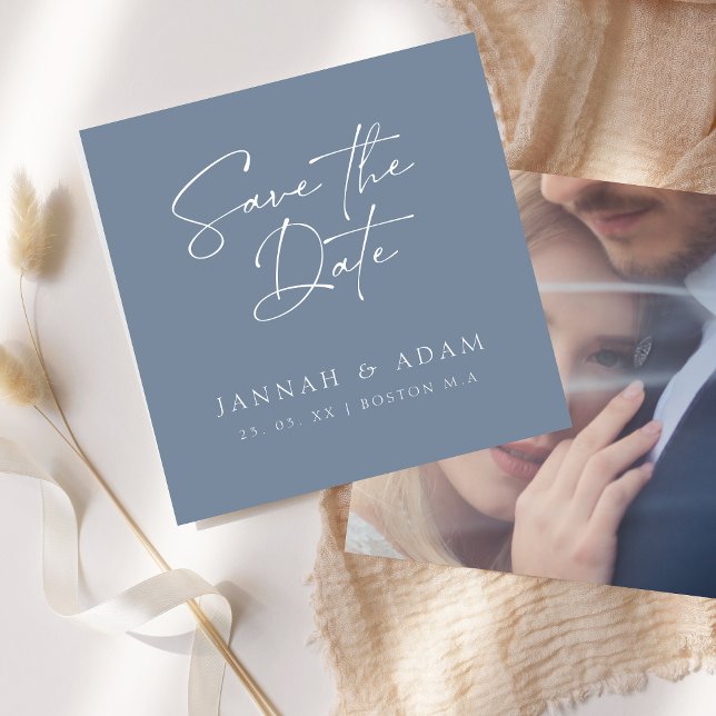 Save The Date Mariage Photo Typographie Script Bleu Poussiéreux  (Créateur téléchargé)