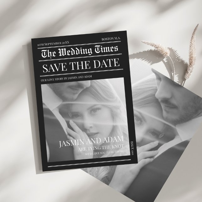 Save The Date Mariage photo unique en mode noir noir (Newspaper Black Dark Mode Unique Photo Wedding Save The Date)