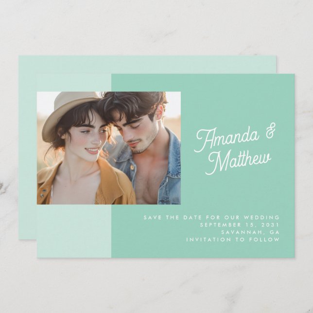 Save The Date Mariage photo vert de couleur moderne (Devant / Derrière)