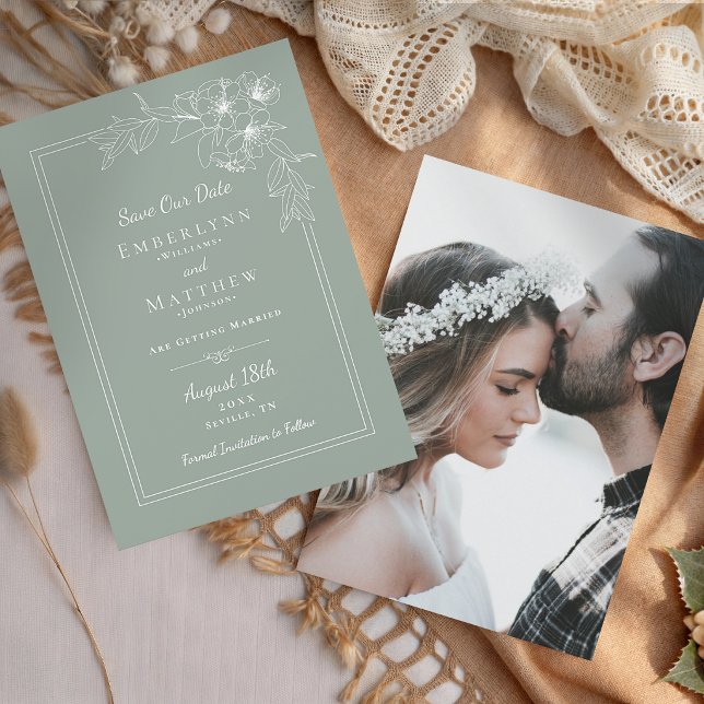 Save The Date Mariage Photo Vert Sauge Botanique Moderne (Modern Botanical Sage Green Photo Wedding Save The Date)