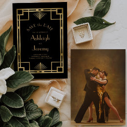 Save The Date Mariage Photo vintage Art Déco noir or des années 