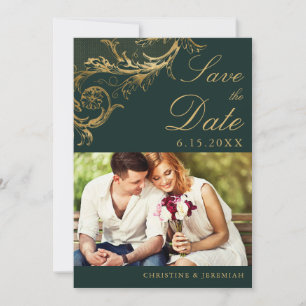 Save The Date Mariage photo vintage Green Gold Floral Damask