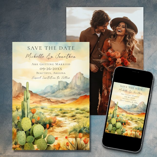Save The Date Mariage photo Watercolor Desert Cactus (Printed and Digital - Watercolor Southwestern Desert Photo Wedding Save The Date)