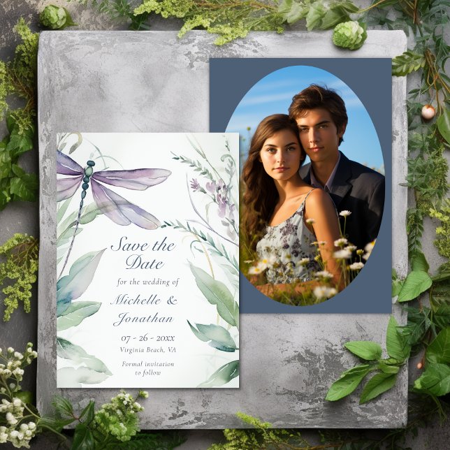Save The Date Mariage photo Watercolor Dragonfly and Greenery (Watercolor Dragonfly and Greenery Photo Wedding Save The Date)