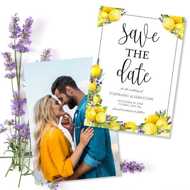 Save The Date Mariage photo Watercolor Lemon Lavender (Watercolor Lemon Lavender Photo Wedding Save The Date)