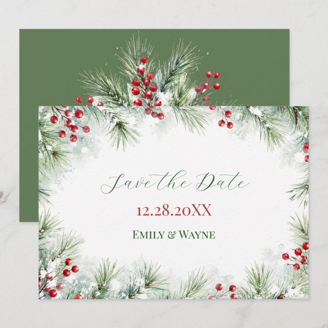 Save The Date Mariage Pin d'Hiver et Baie Rouge (Devant / Derrière)