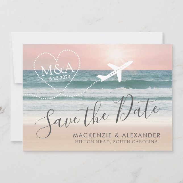 Save The Date Mariage plage Coucher de soleil rose océan (Devant)