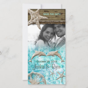 Save The Date Mariage plage Photocard Dolphins Blue Shells