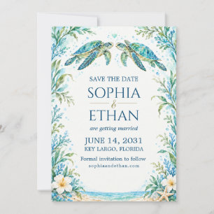 Save The Date Mariage Plage Tortue Marine Aquarelle Bleu Vert