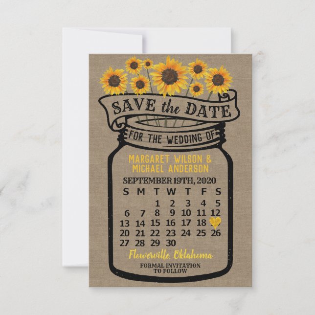 Save The Date Mariage Pot Mason Tournesol Septembre 2020 Mois (Devant)