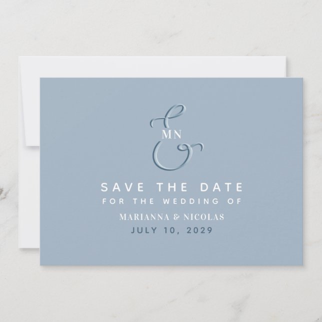 Save The Date Mariage Poussiéreux Bleu Moderne Monogramme (Devant)