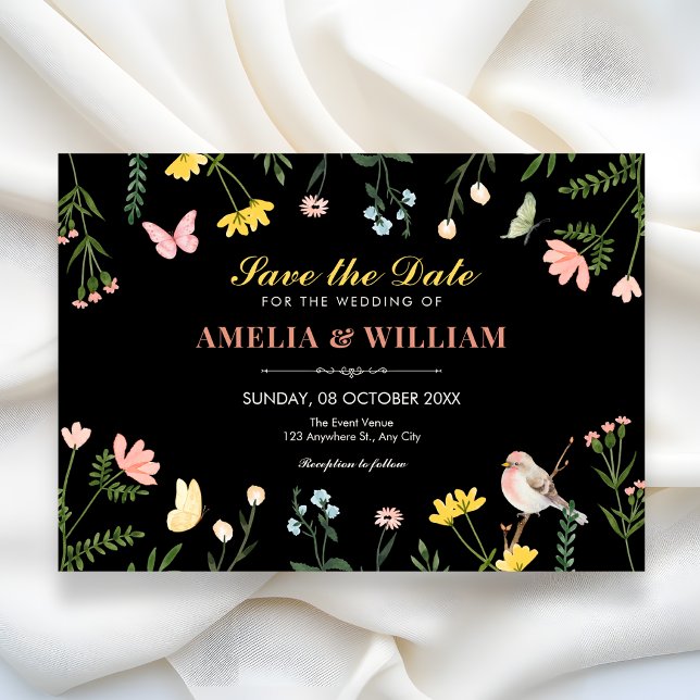 Save The Date Mariage printanier floral aquarelle noir (Créateur téléchargé)