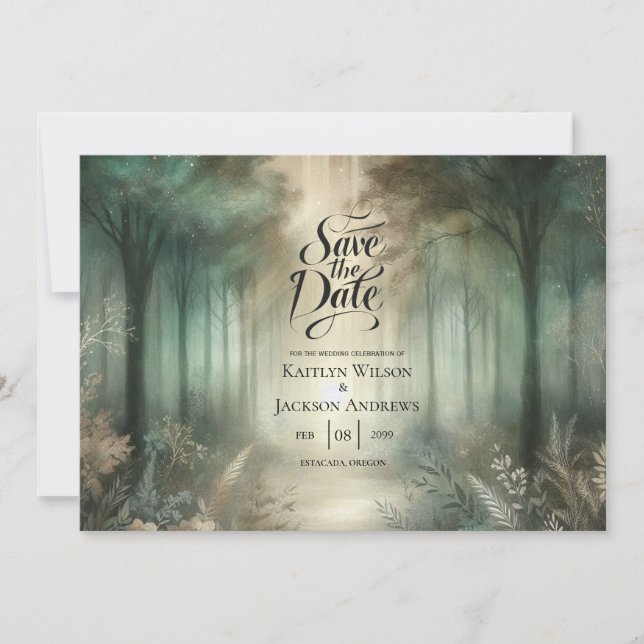 Save The Date Mariage Rayonnement de la Forêt Enchantée Vert Sau (Devant)