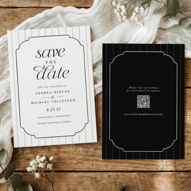 Save The Date Mariage Rayures Noires et Blanches Prépa (Preppy black and white save the date card with striped background and wedding website QR code.)