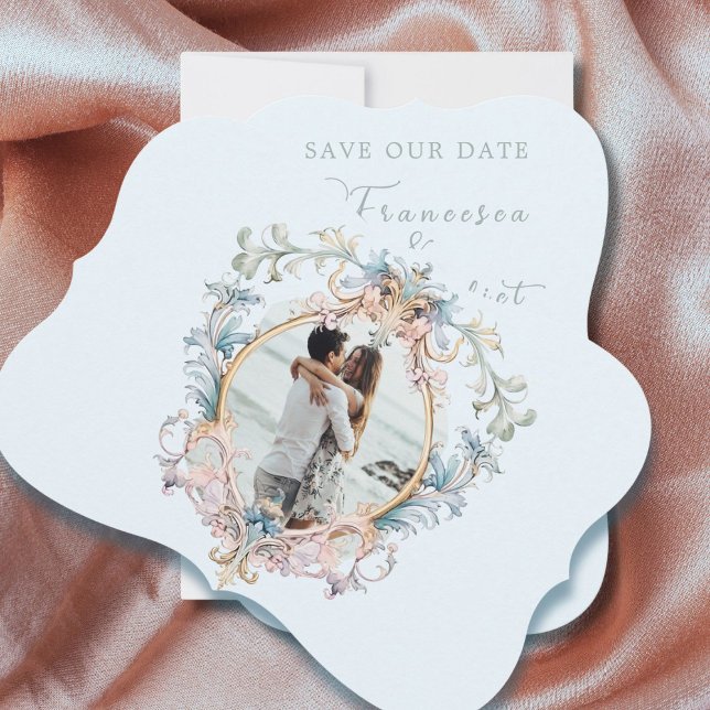 Save The Date Mariage Regency Era Photo Monogramme bleu (Créateur téléchargé)