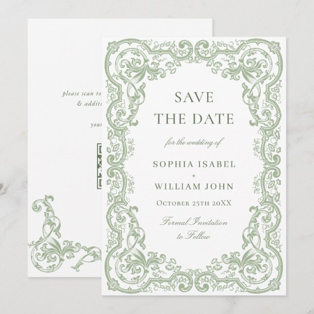 Save The Date Mariage Renaissance Orné Floral Vert Sauge (Devant / Derrière)