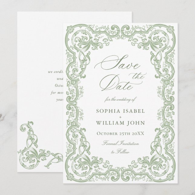 Save The Date Mariage Renaissance Orné Floral Vert Sauge (Devant / Derrière)