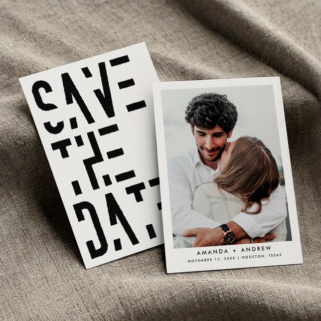 Save The Date Mariage Rétro Années 70 Rayures Simples Noir et Bl (Front / Back)