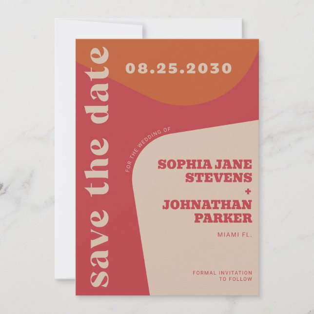 Save The Date Mariage rétro années 70 rouge orange beige (Devant)