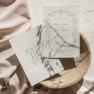 Save The Date Mariage Rétro Argenté Vert Sauge Ancien Argent