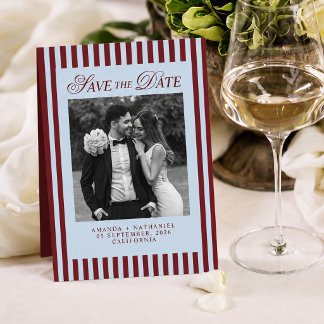 Save The Date Mariage Rétro Bleu Glace et Rayures Bourguignonnes