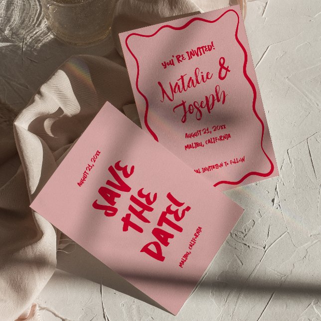 Save The Date Mariage rétro couleur rose rouge dessiné à la main (Créateur téléchargé)