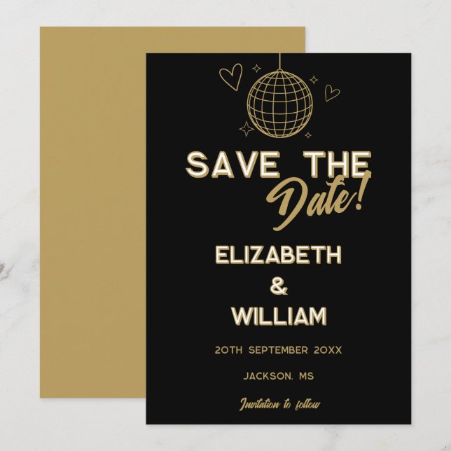 Save The Date Mariage Rétro Disco Groovy Noir Et Or (Devant / Derrière)