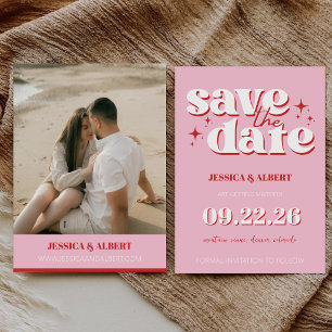 Save The Date Mariage rétro funky rose et rouge des années 70