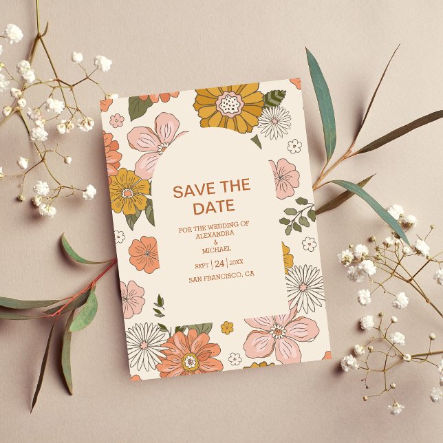 Save The Date Mariage Rétro Groovy Années 70 Tons Assourdis  (Créateur téléchargé)