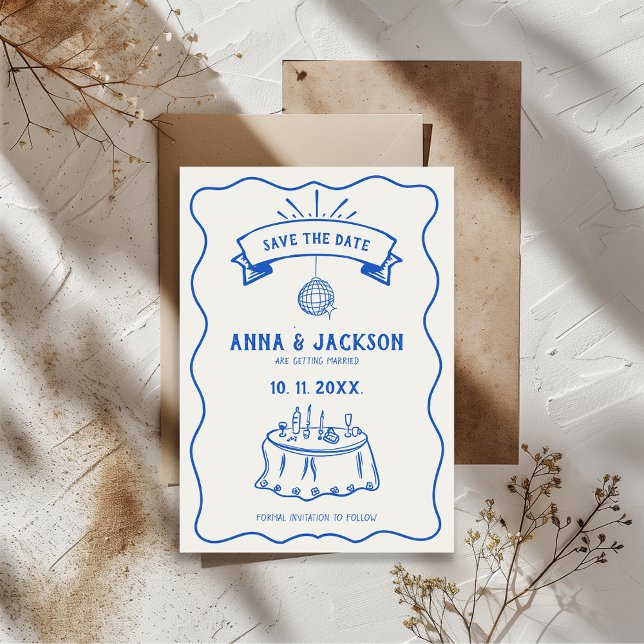 Save The Date Mariage Rétro Illustré à la Main Dessin Fantaisist (Retro Hand Illustrated Blue And White Quirky Wedding Save the Date )