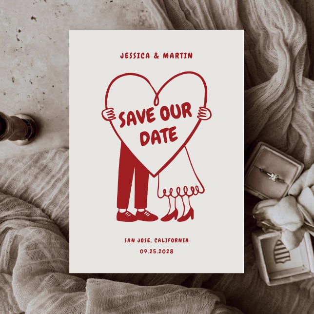 Save The Date Mariage rétro illustré sur le thème rouge monochro (Créateur téléchargé)