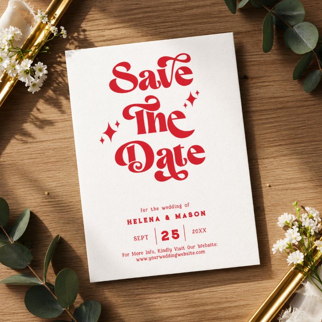 Save The Date Mariage rétro moderne rouge et blanc (Créateur téléchargé)