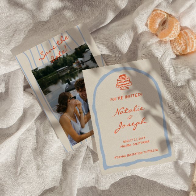 Save The Date Mariage Rétro Orange Bleu Dessiné à la Main Tendan (Créateur téléchargé)