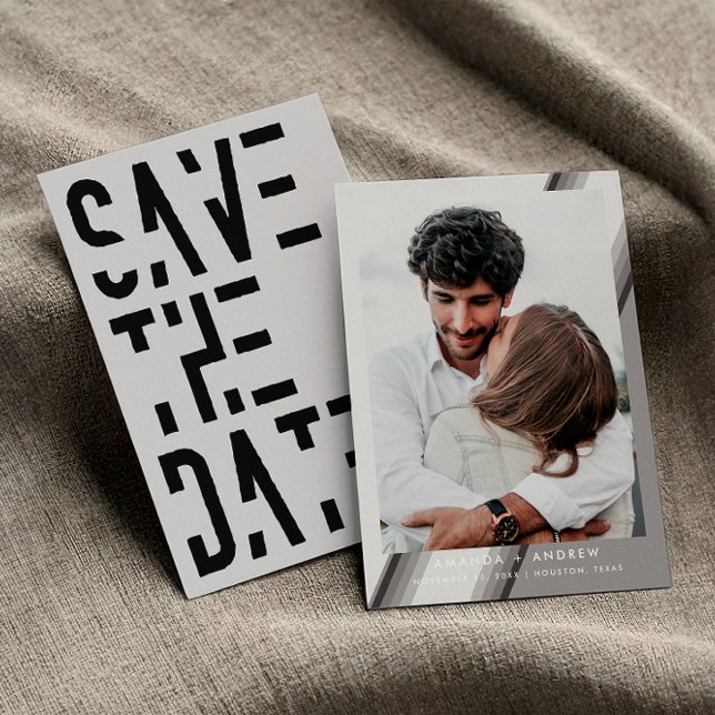 Save The Date Mariage Rétro Rayures Années 70 Noir et Blanc Élég (Front / Back)