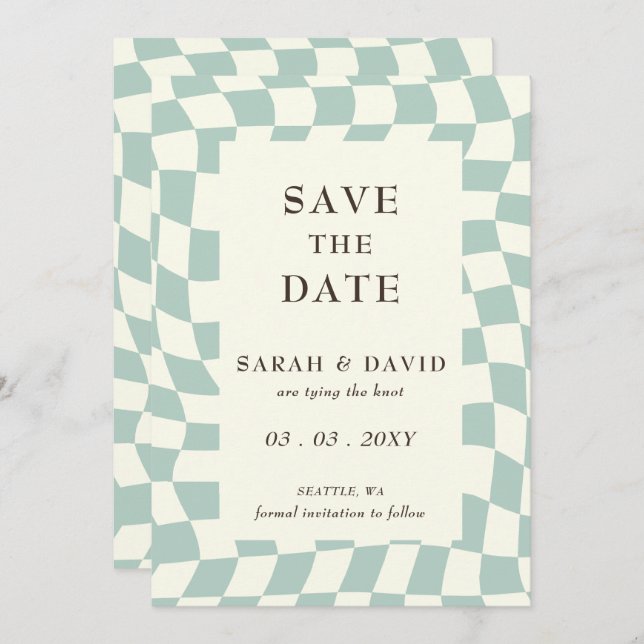 Save The Date Mariage Retro Super Green Checkerboard (Devant / Derrière)