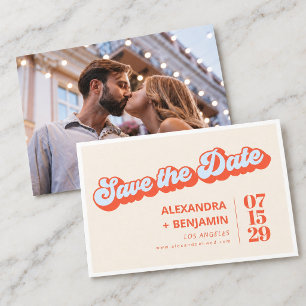 Save The Date Mariage Rétro Typographie Bleu Clair Orange Groovy