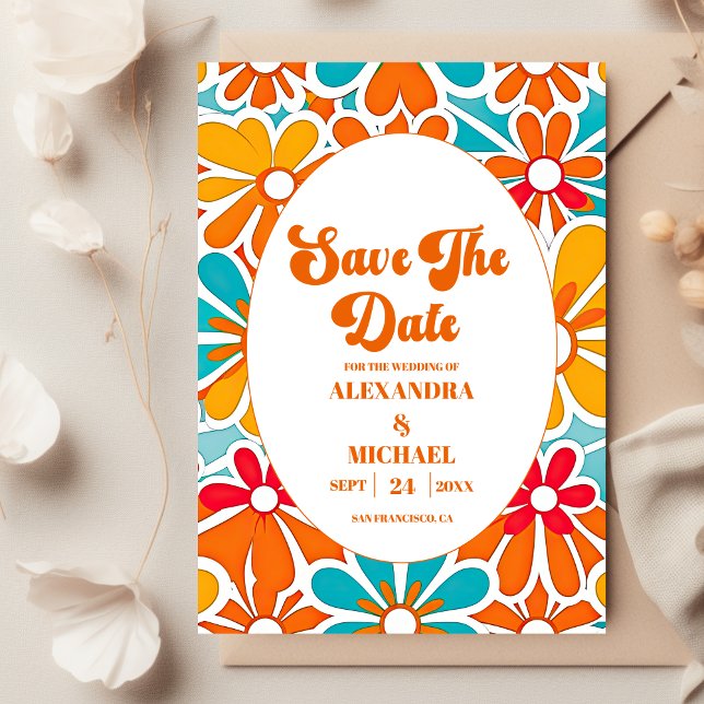 Save The Date Mariage Rétro Vague Groovy 70s Peach Orange  (Créateur téléchargé)