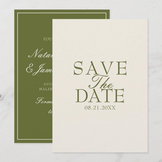 Save The Date Mariage Rétro Vert Olive Crème Élégant Ancien (Devant / Derrière)