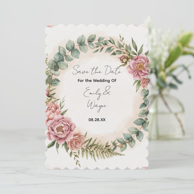 Save The Date Mariage Romantique avec Fleurs Roses et Verdure (Debout devant)