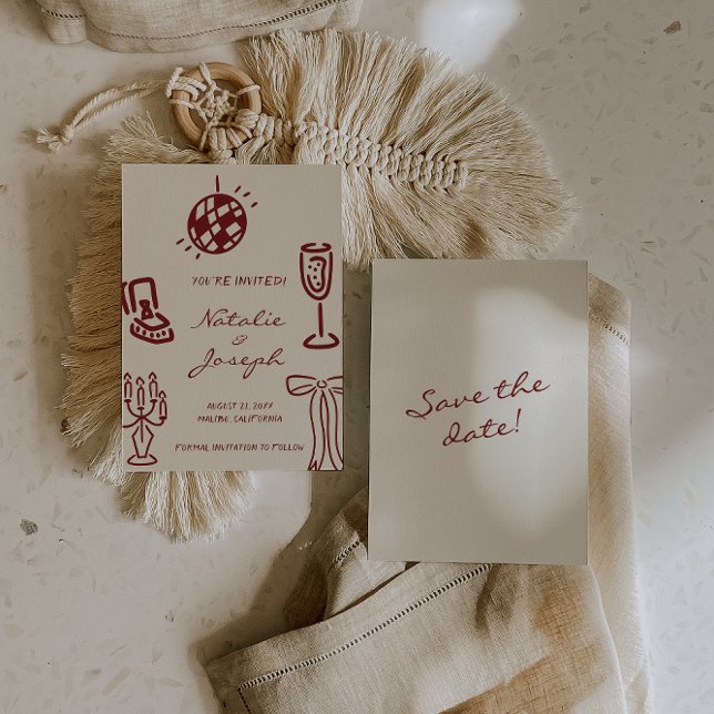 Save The Date Mariage Romantique Bourguignon Dessiné à la Main F (Créateur téléchargé)