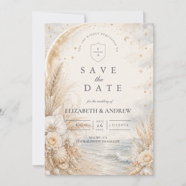 Save The Date Mariage romantique céleste sur la plage (Devant)