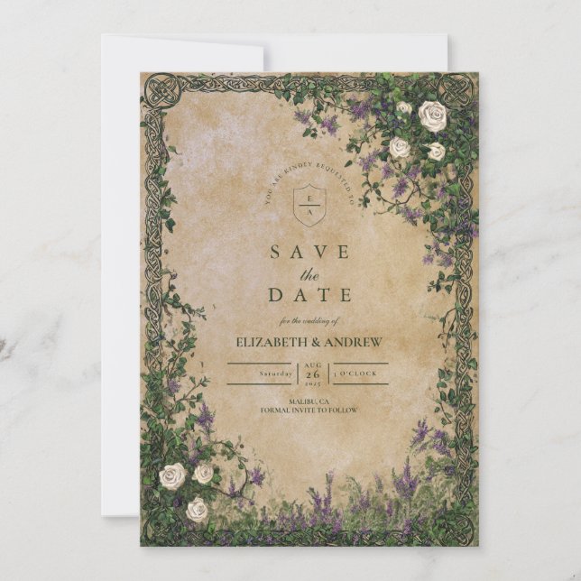 Save The Date Mariage Romantique dans un Jardin Médiéval (Devant)